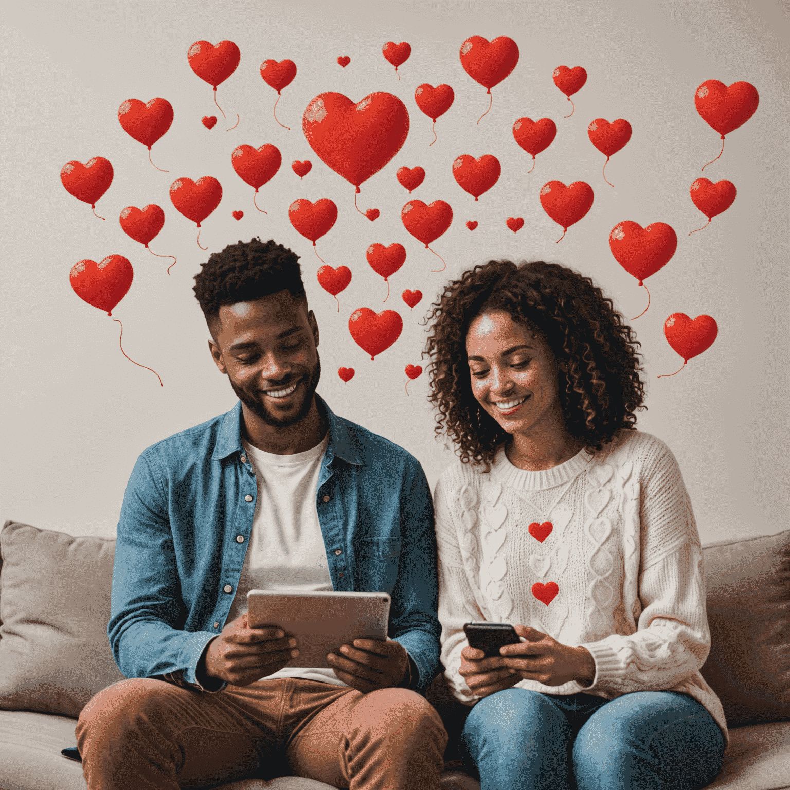 Couple on a virtual date, using tablets to connect, with hearts and chat bubbles floating around them, symbolizing modern dating trends